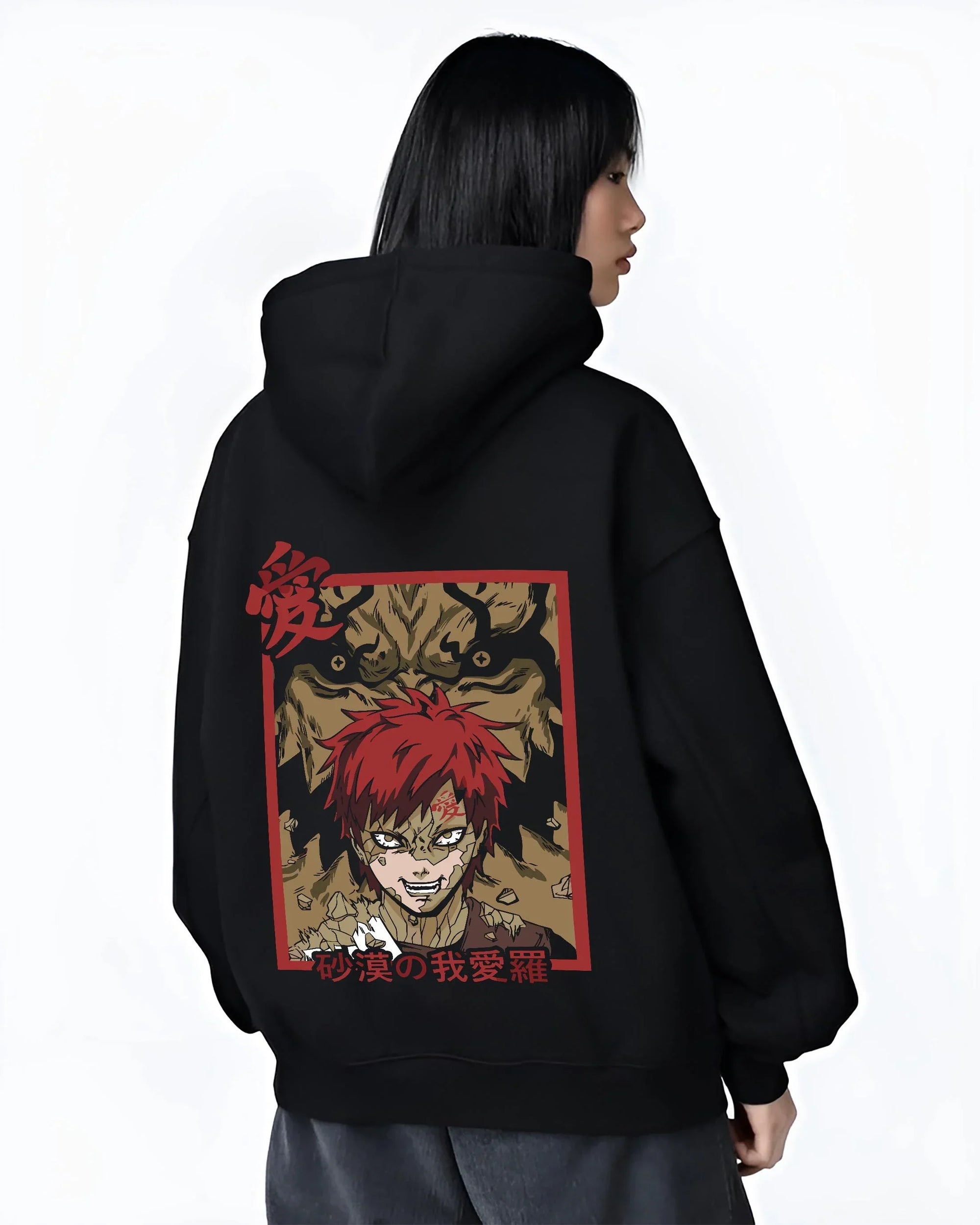 Black hoodie worn by female model, back view with Naruto Hoodie Gaara Sand Beast Transformation Jumper graphic bold anime graphic.