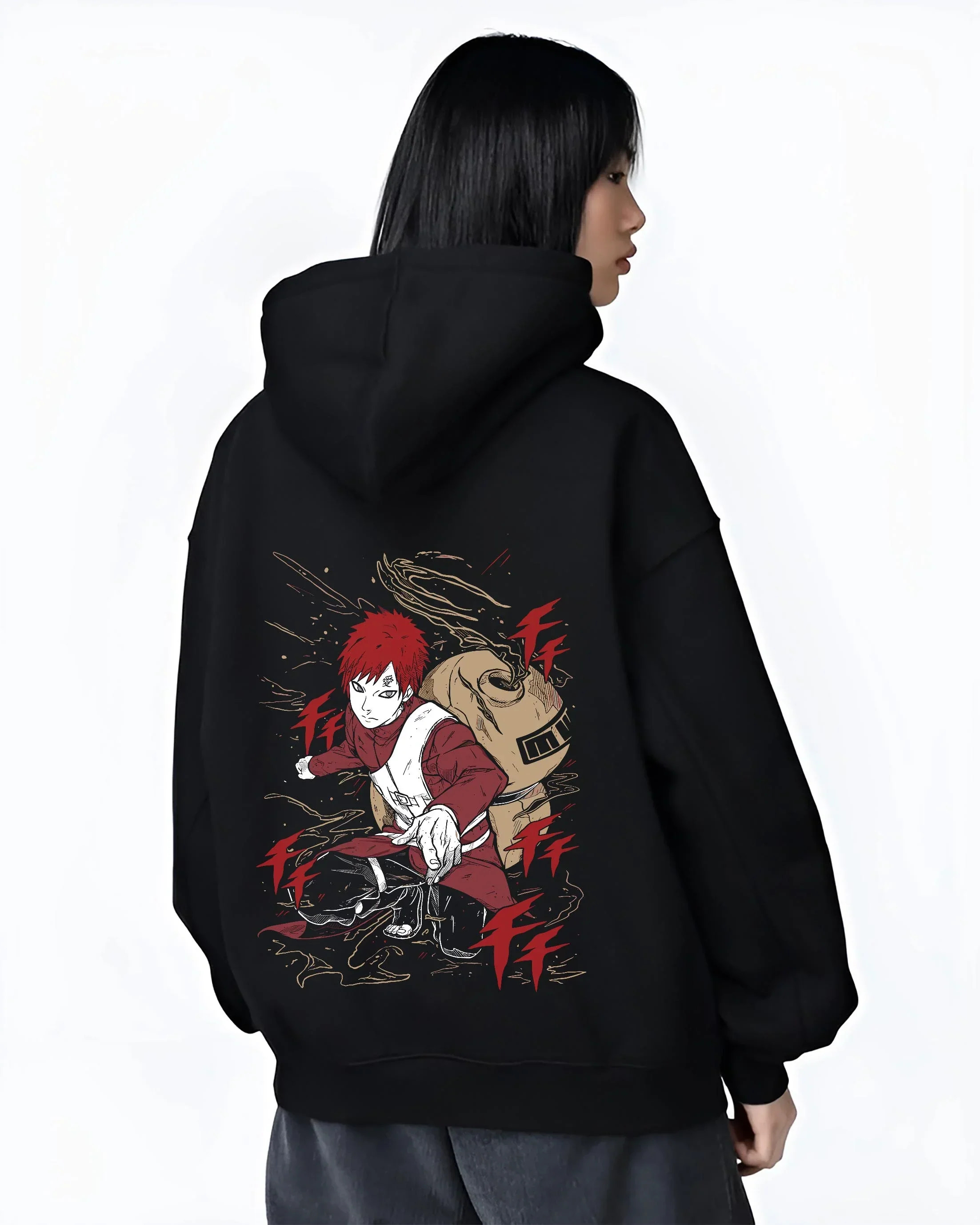 Black hoodie worn by female model, back view with Gaara Hoodie Naruto Red Sand Shinobi Desert Power graphic Gaara anime design.