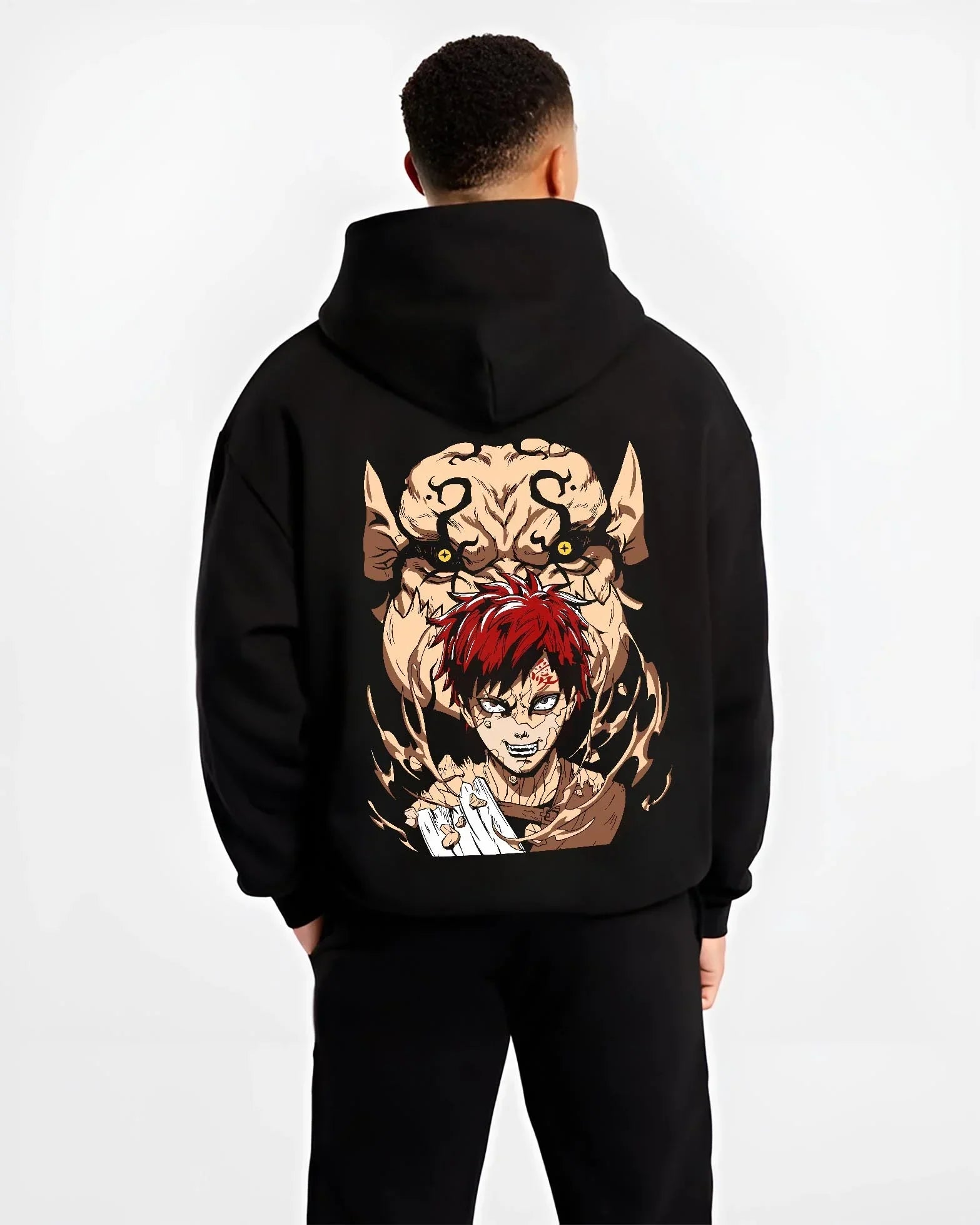 Black hoodie worn by male model, back view with Naruto Hoodie Gaara Sand Love Symbol Anime Jumper graphic Gaara anime design.