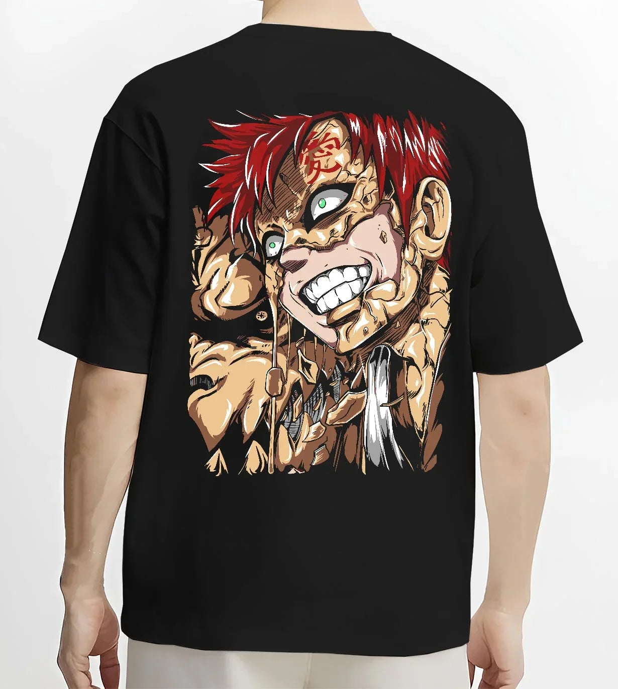 Black T-shirt worn by male model, back view with Naruto Hoodie Gaara Sand Fury Rampage Jumper graphic streetwear graphic.