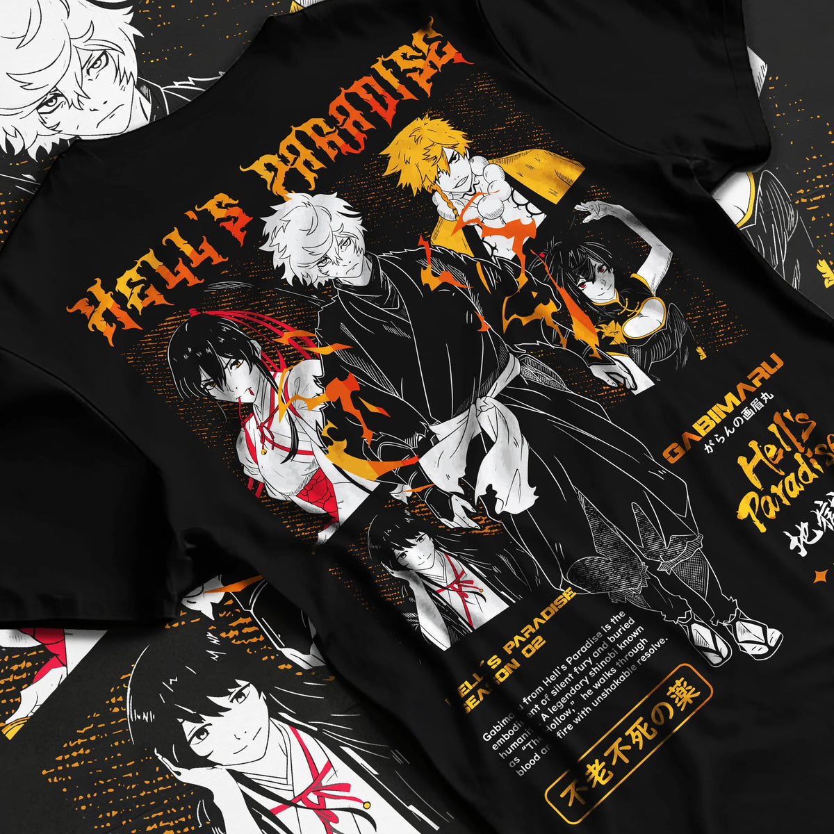 Black T-shirt flat back view showing Hell's Paradise: Gabimaru and cast