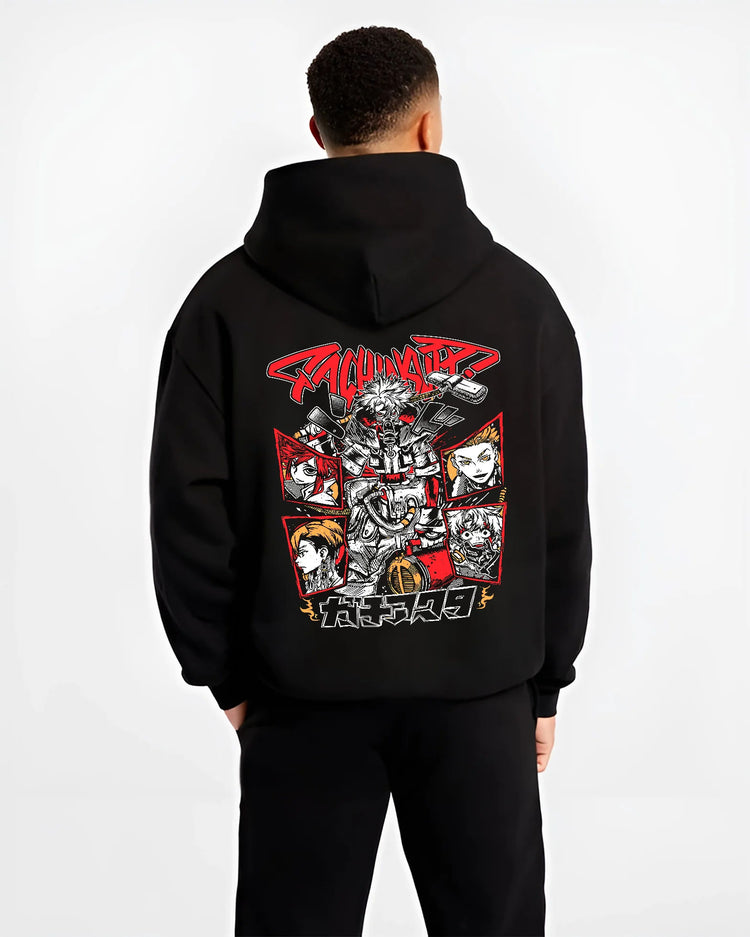 Black hoodie model back view showing Gachiakuta: cast combat collage