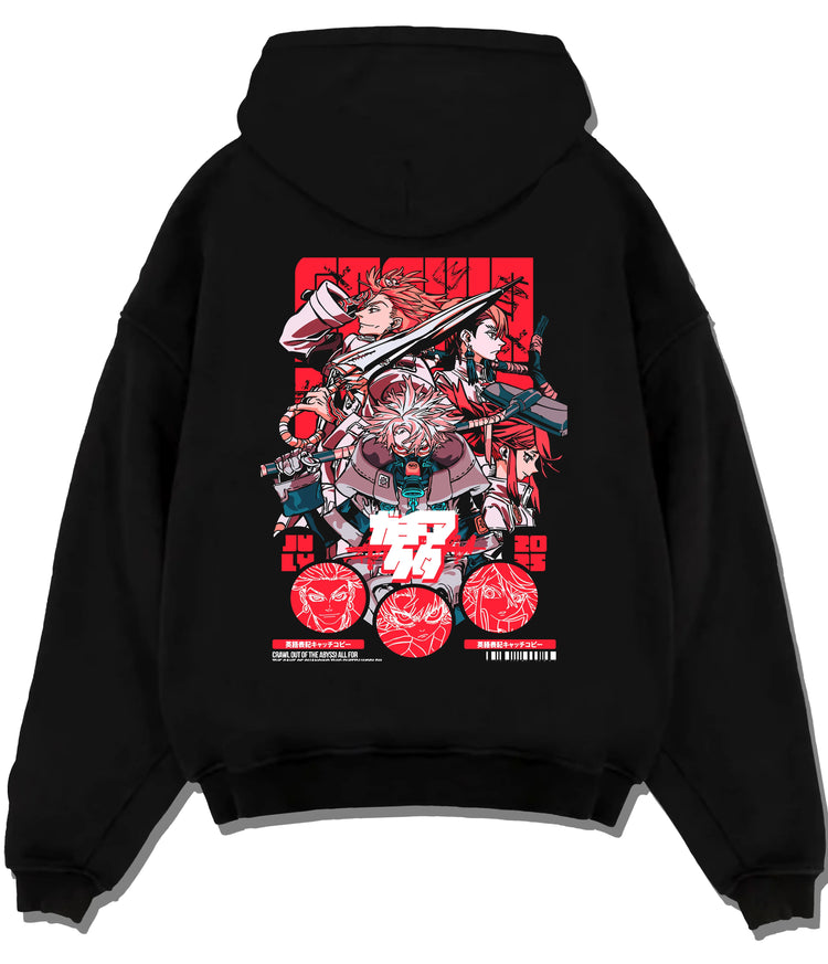 Black hoodie flat back view with Gachiakuta action character ensemble illustrated back graphic