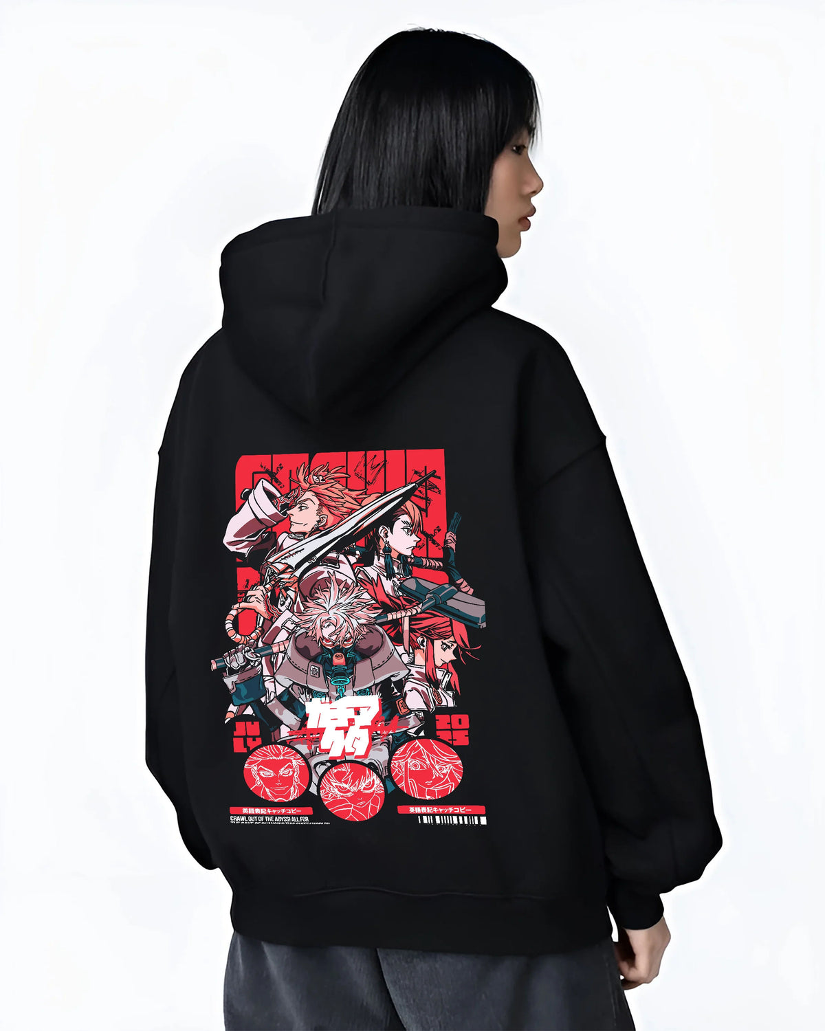 Black hoodie female model back view with Gachiakuta action character ensemble illustrated back graphic