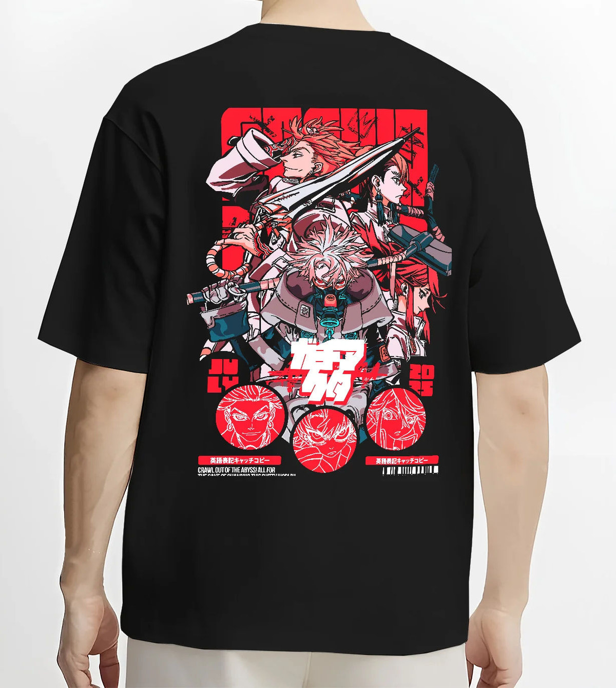 Black T-shirt model back view with Gachiakuta action character ensemble illustrated back graphic