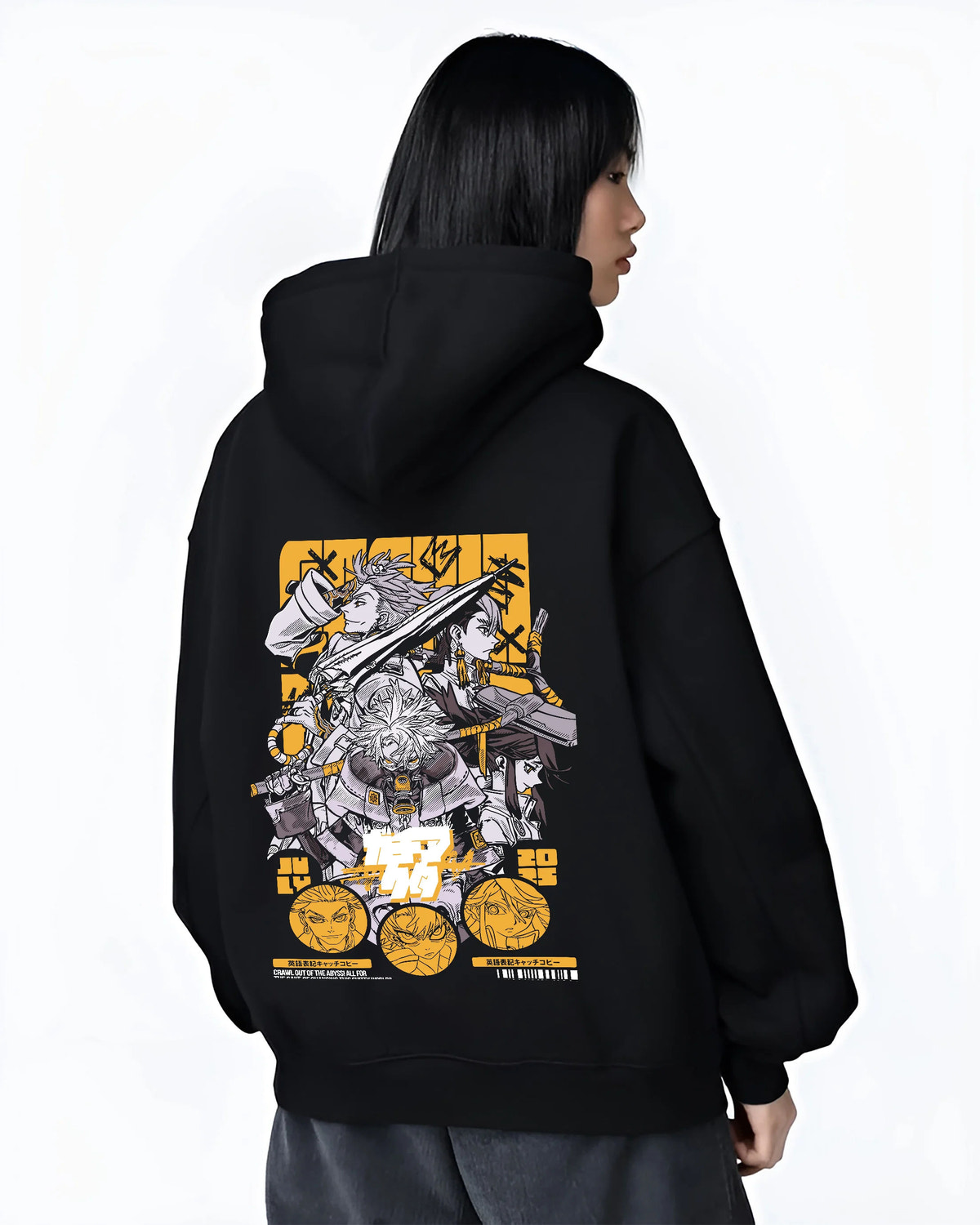 Black hoodie female model back view showing Gachiakuta: manga action character poster