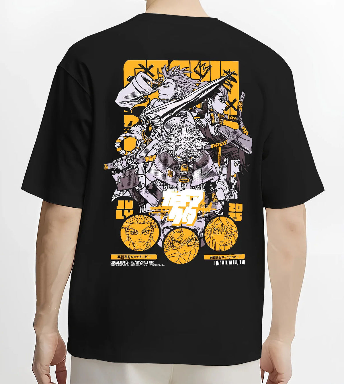Black T-shirt model back view showing Gachiakuta: manga action character poster