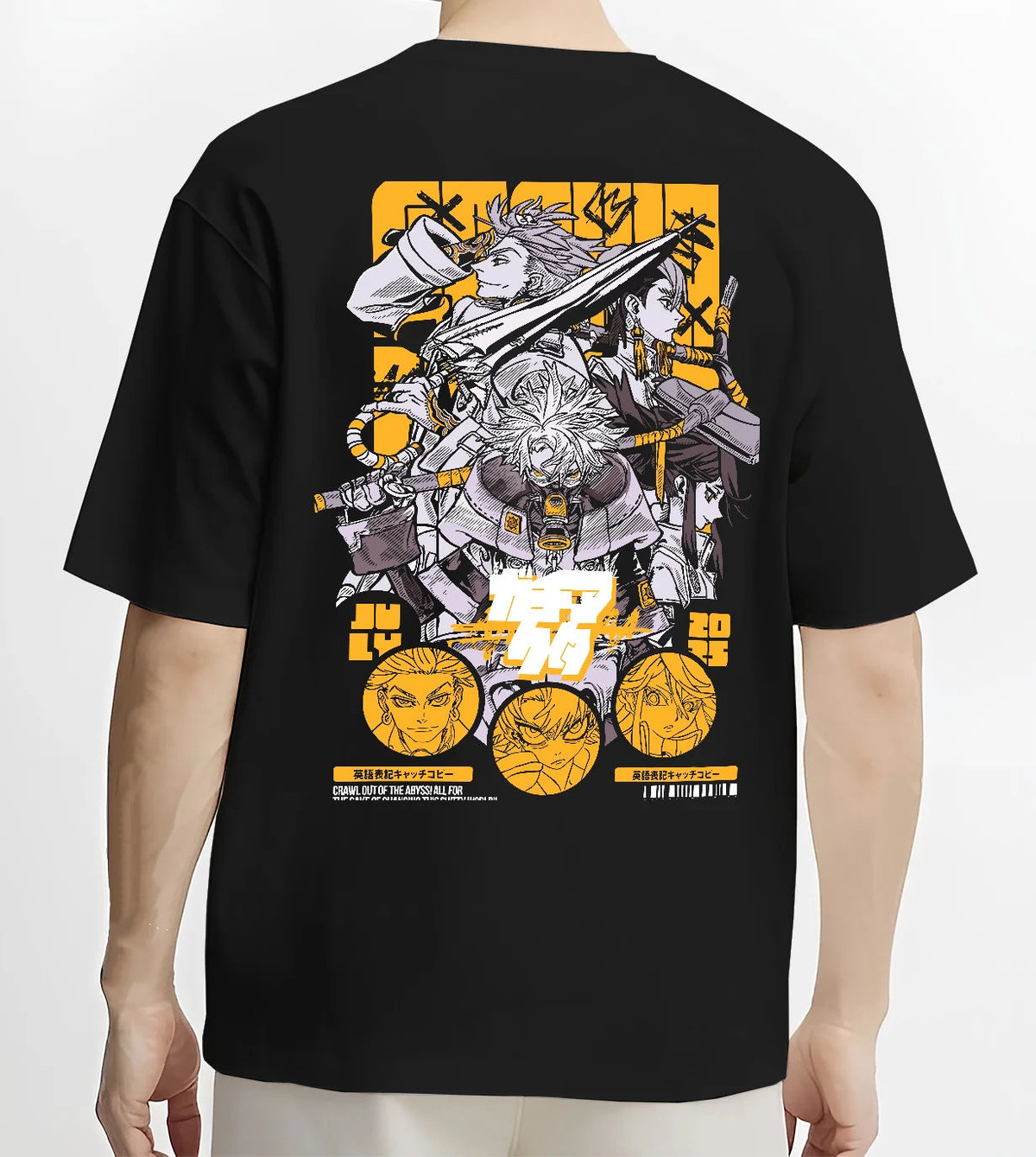 Black T-shirt model back view showing Gachiakuta: manga action character poster