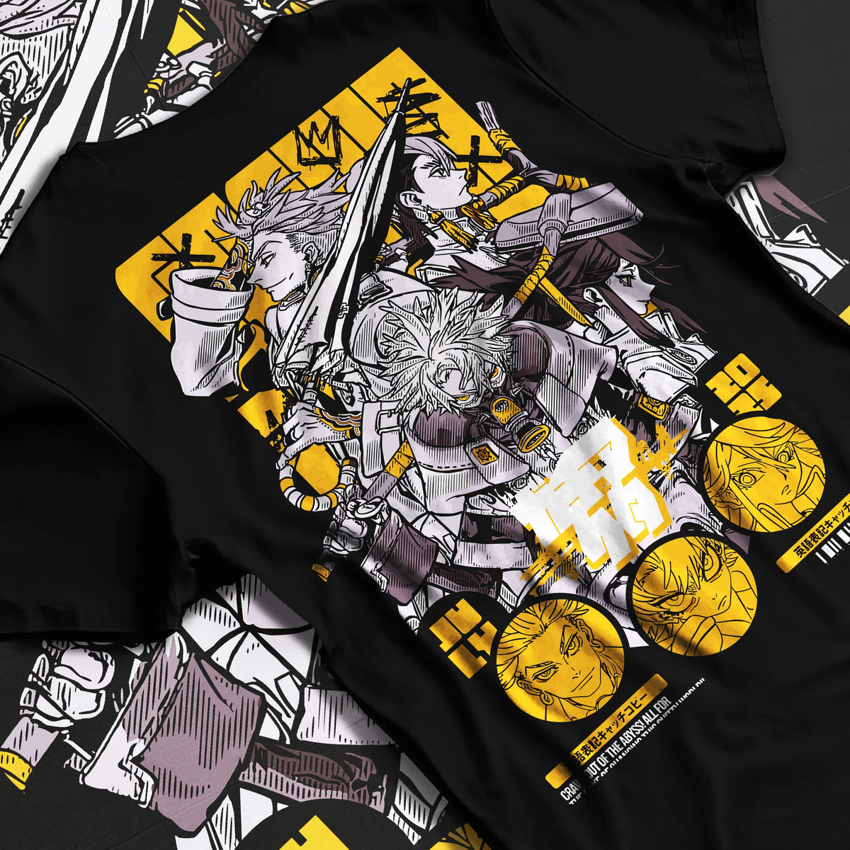 Black T-shirt flat back view showing Gachiakuta: manga action character poster