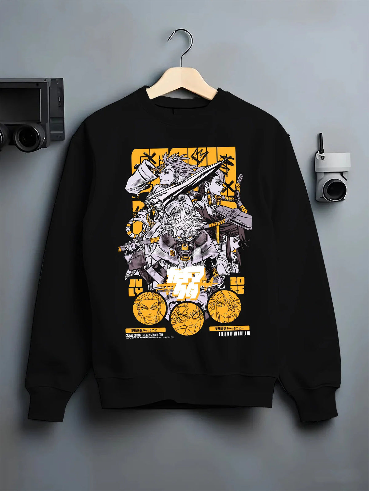 Black crewneck sweatshirt on hanger showing Gachiakuta: manga action character poster