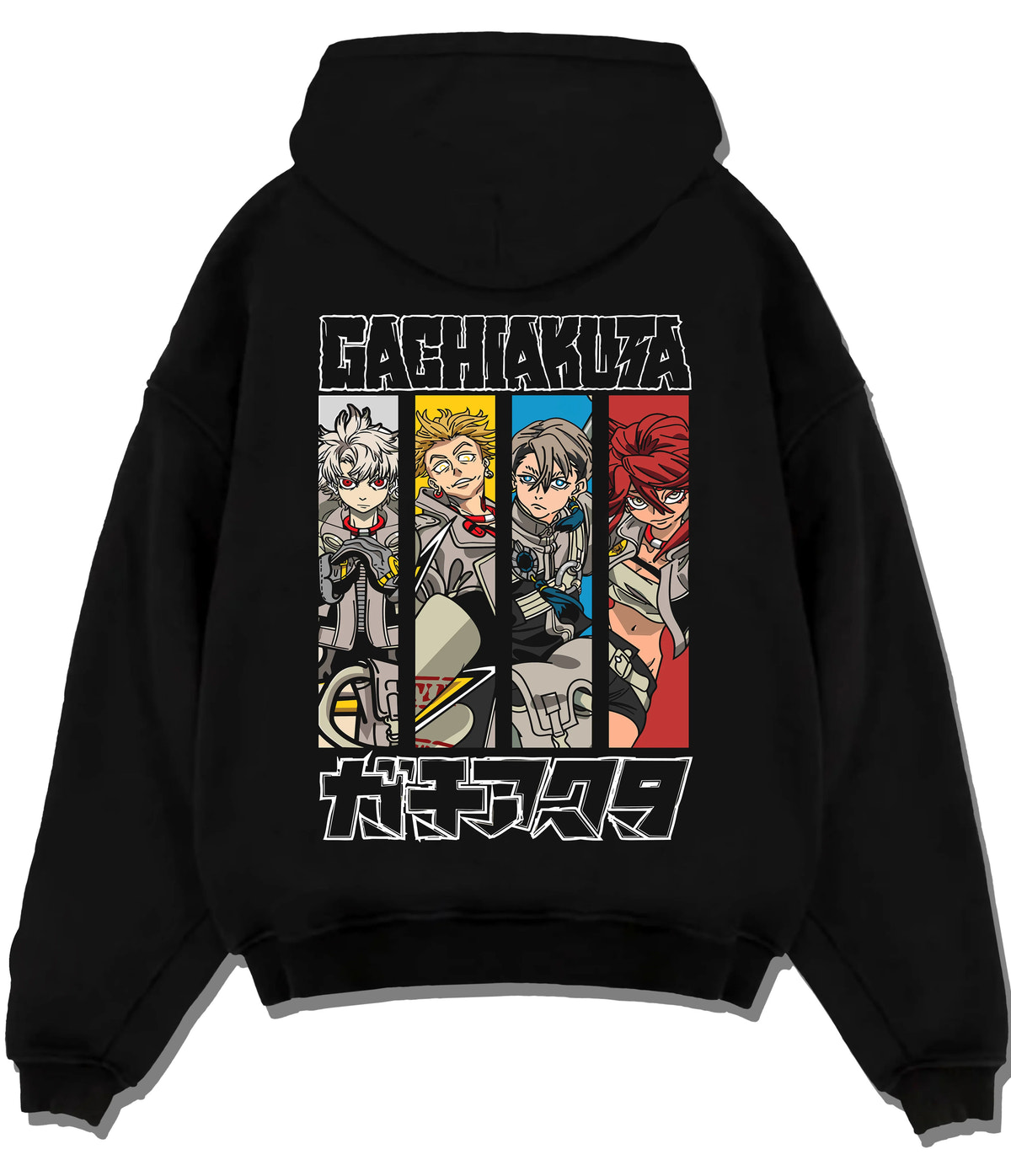 Black hoodie flat back view showing Gachiakuta: Rudo and ensemble character panels