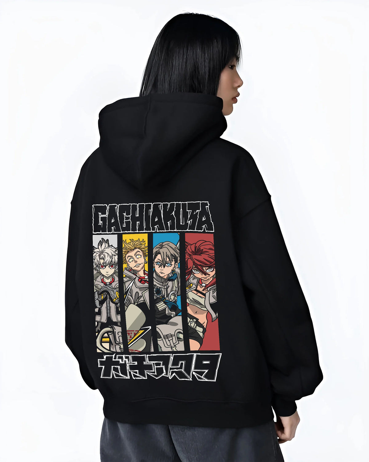 Black hoodie female model back view showing Gachiakuta: Rudo and ensemble character panels