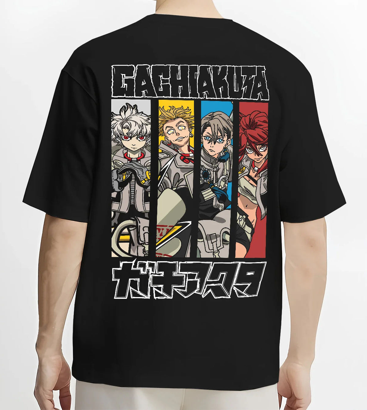Black T-shirt model back view showing Gachiakuta: Rudo and ensemble character panels