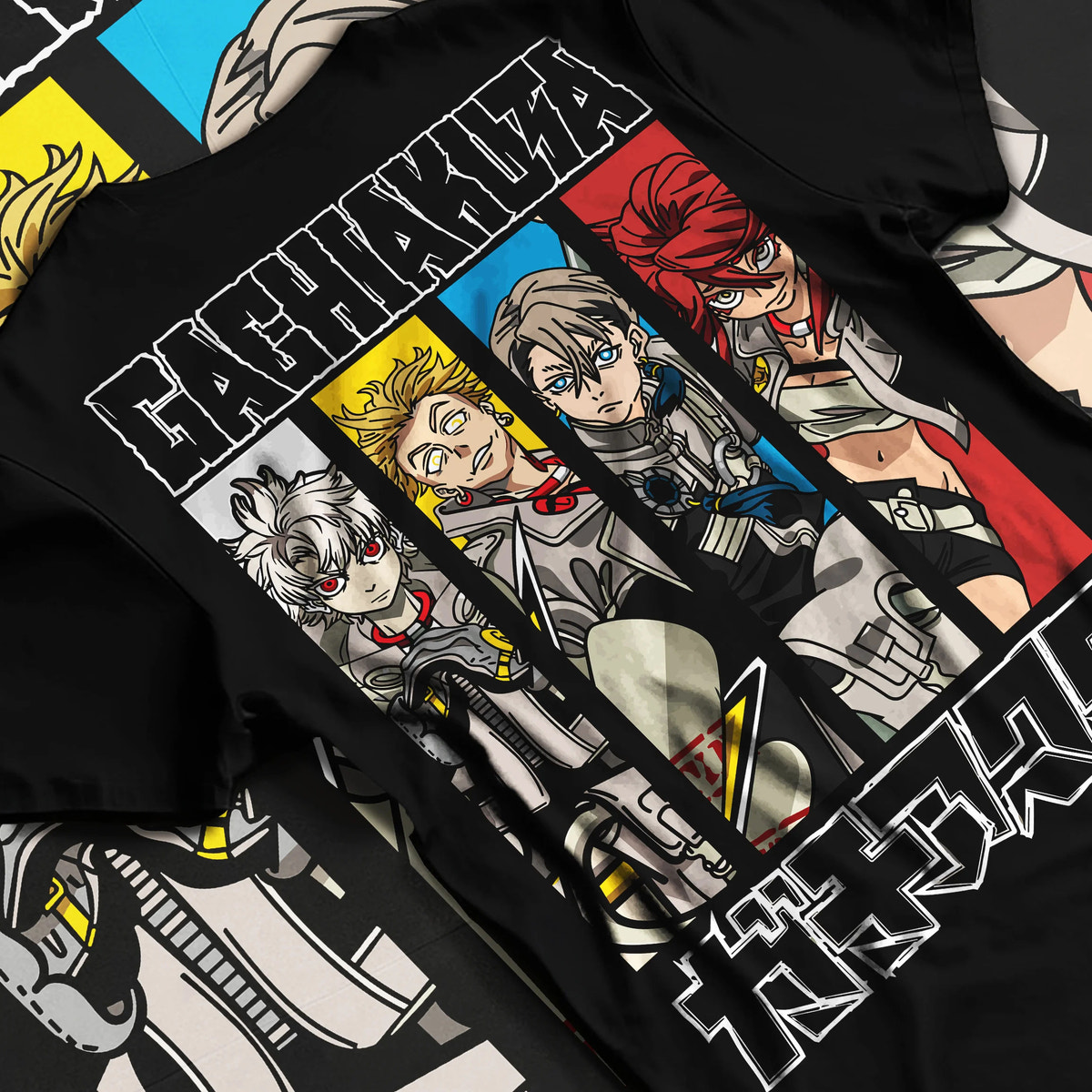 Black T-shirt flat back view showing Gachiakuta: Rudo and ensemble character panels