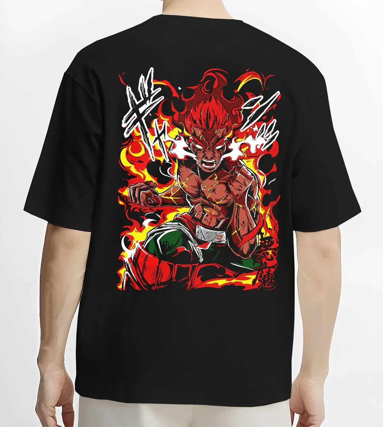 Black T-shirt worn by male model, back view, featuring anime poster inspired Might Guy artwork with Japanese animation streetwear style.