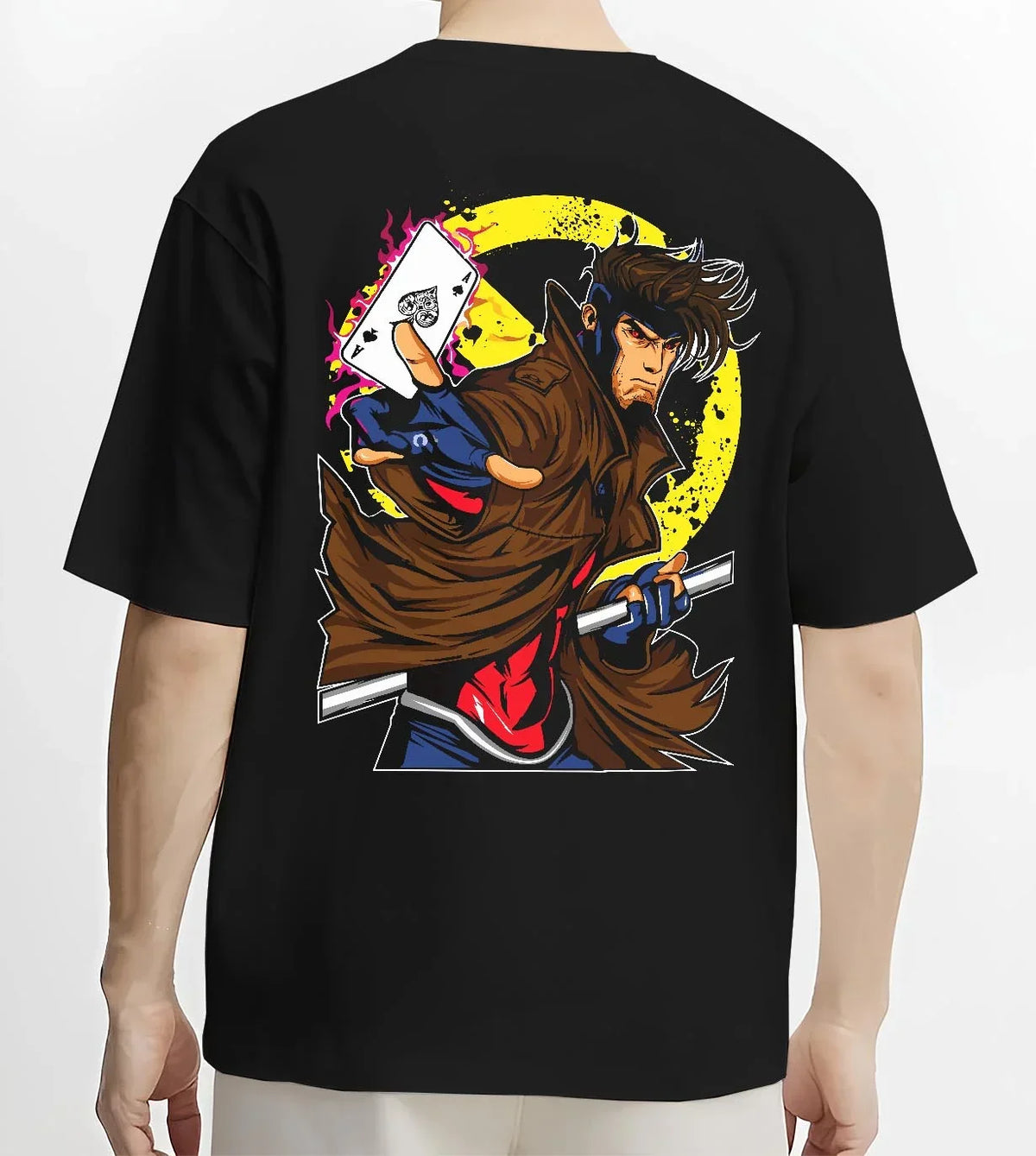 Black T-shirt worn by male model, back view with Yu Gi Oh Hoodie Gambit Yami Yugi Duelist Jumper graphic bold anime graphic.