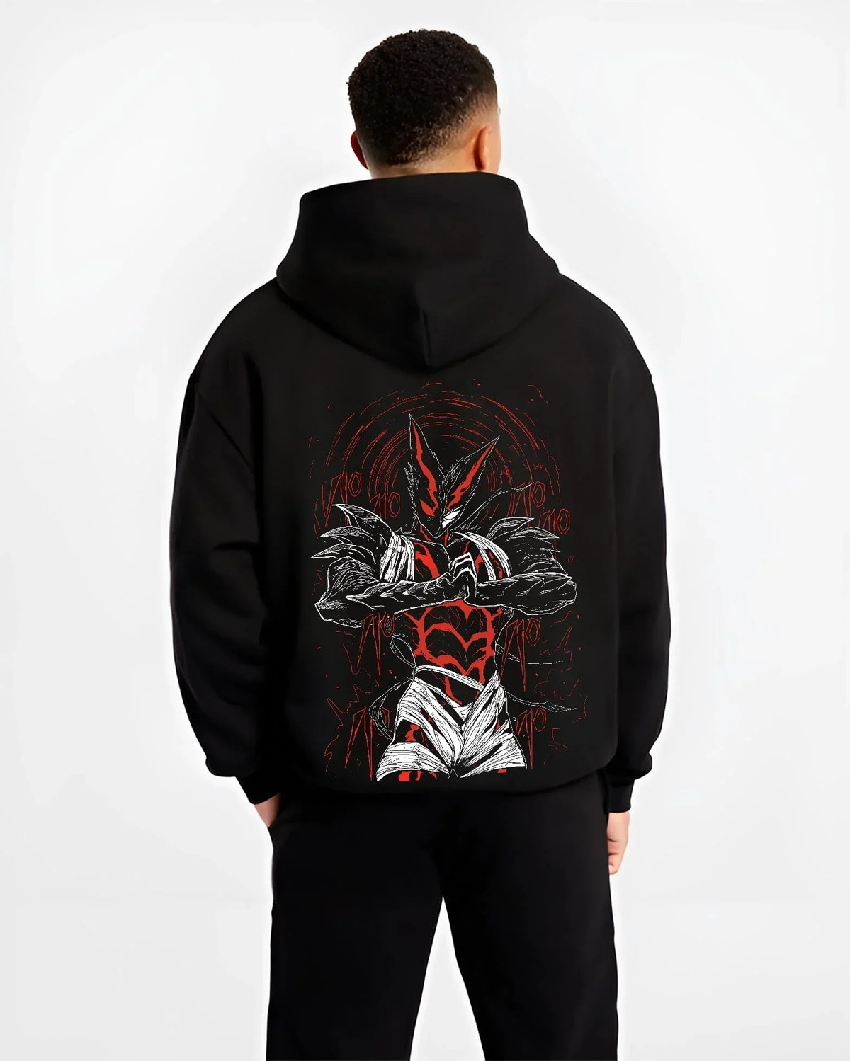 Black hoodie worn by male model, back view, showing retro manga graphic of Garou’s monstrous stance from One Punch Man.