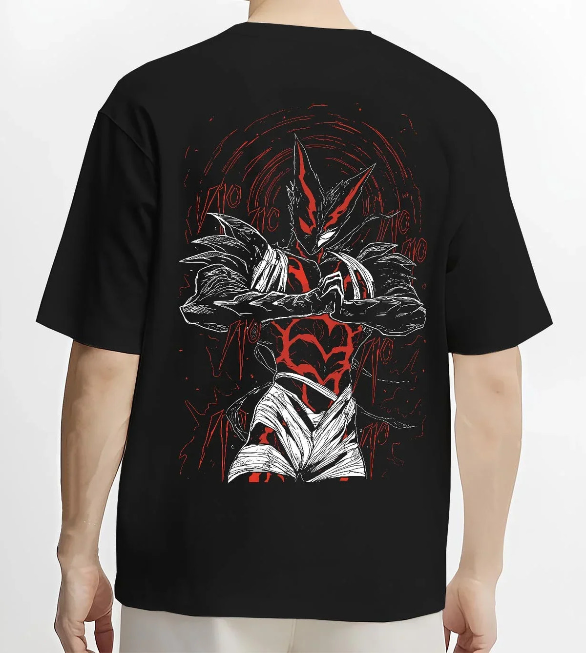 Black T-shirt worn by male model, back view, featuring Japanese animation streetwear artwork of Garou in striking battle form.