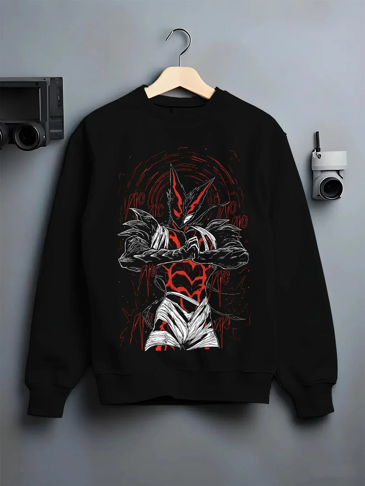 Black crewneck sweatshirt on hanger, featuring retro streetwear graphic of Garou’s monster form from One Punch Man.