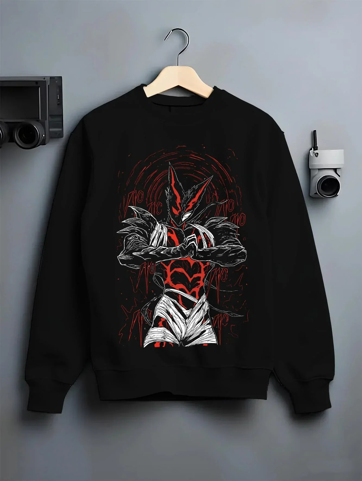 Black crewneck sweatshirt on hanger, featuring retro streetwear graphic of Garou’s monster form from One Punch Man.