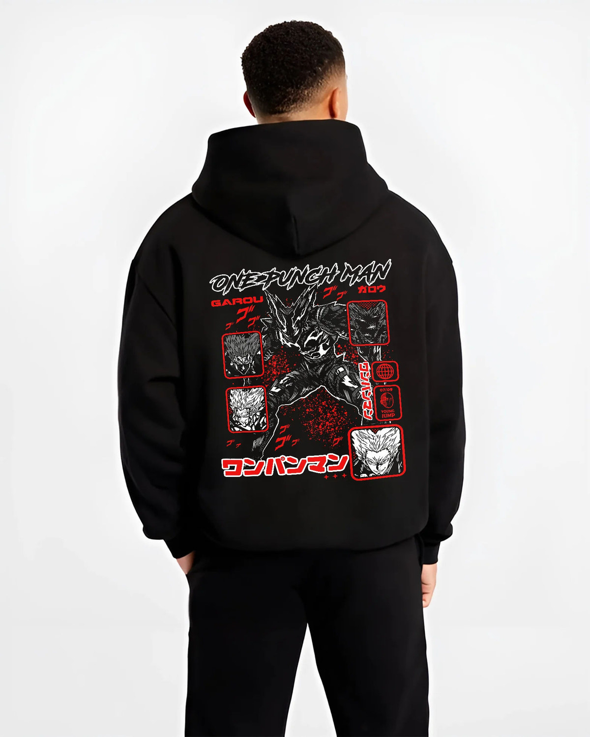 Black hoodie model back view showing Garou from One Punch Man: monster forms montage