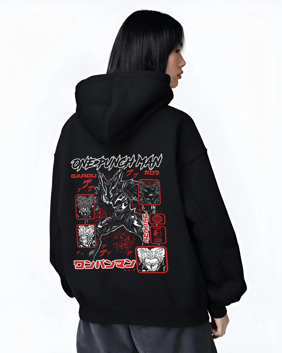 Black hoodie female model back view showing Garou from One Punch Man: monster forms montage