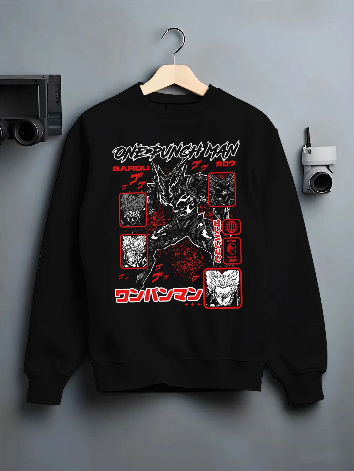 Black crewneck sweatshirt on hanger showing Garou from One Punch Man: monster forms montage