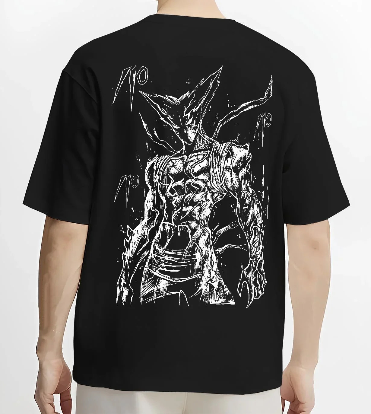 Black T-shirt worn by male model, back view with Bleach Hoodie Hollow Ichigo Silver Form Jumper graphic streetwear graphic.