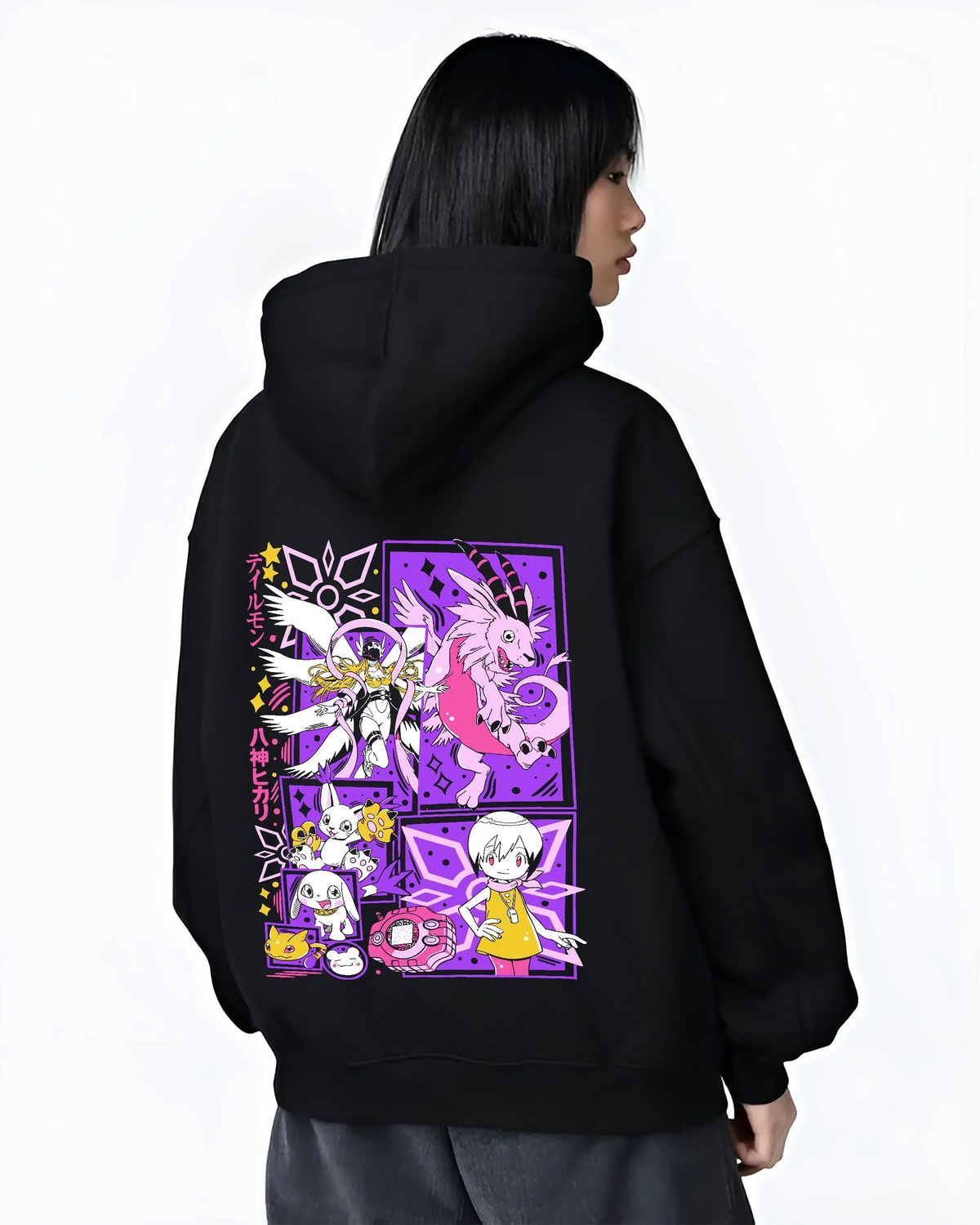 Black hoodie worn by female model, back view with Digimon Hoodie Gatomon Digital Monster Anime Jumper graphic streetwear graphic.