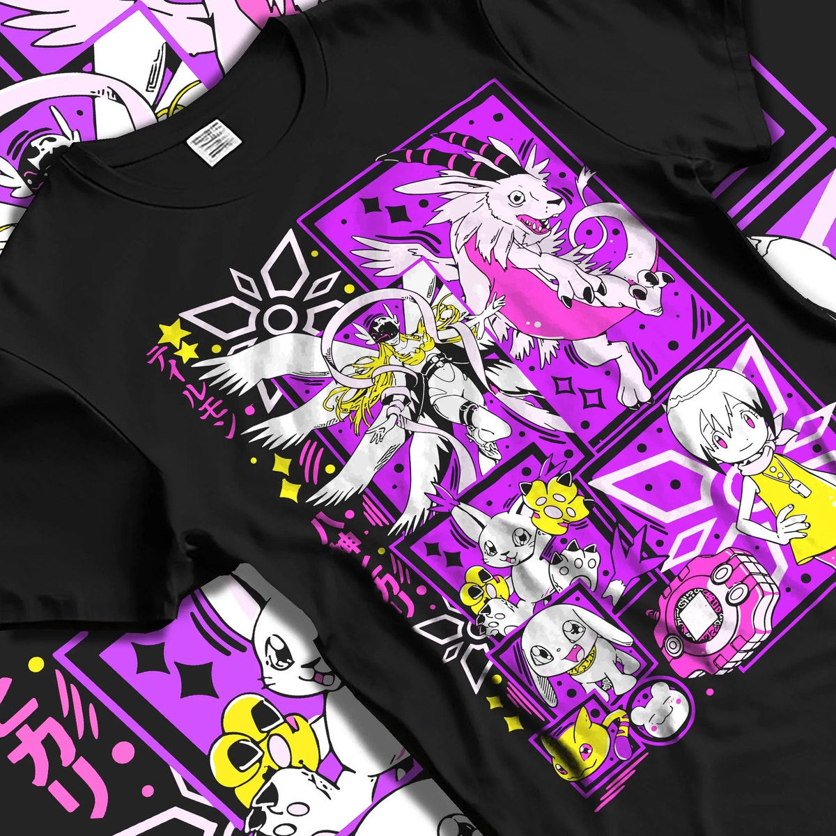 Black T-shirt laid flat with natural folds with Digimon Hoodie Gatomon Digital Monster Anime Jumper graphic bold anime graphic.