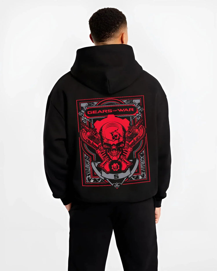Black hoodie worn by male model, back view with Gears of War Hoodie Marcus Crimson Omen Skull Jumper graphic bold anime graphic.