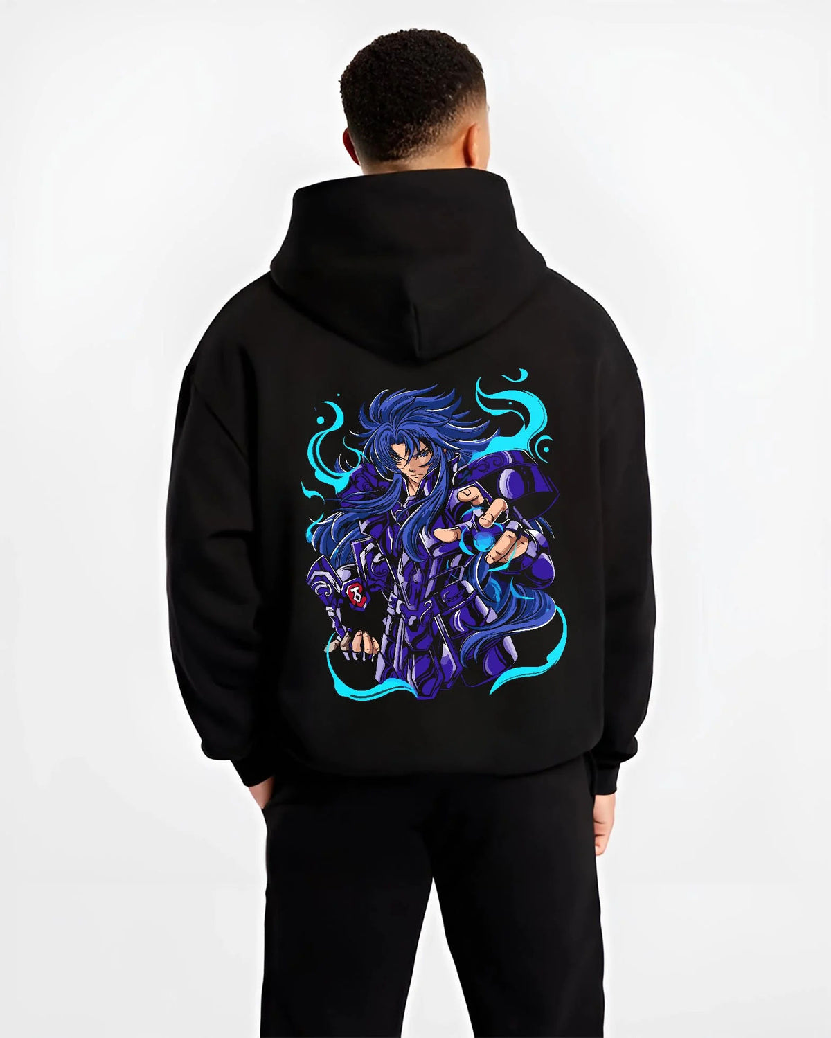 Black hoodie worn by male model from the back featuring Gemini Saga Saint Seiya Gold Saint artwork.
