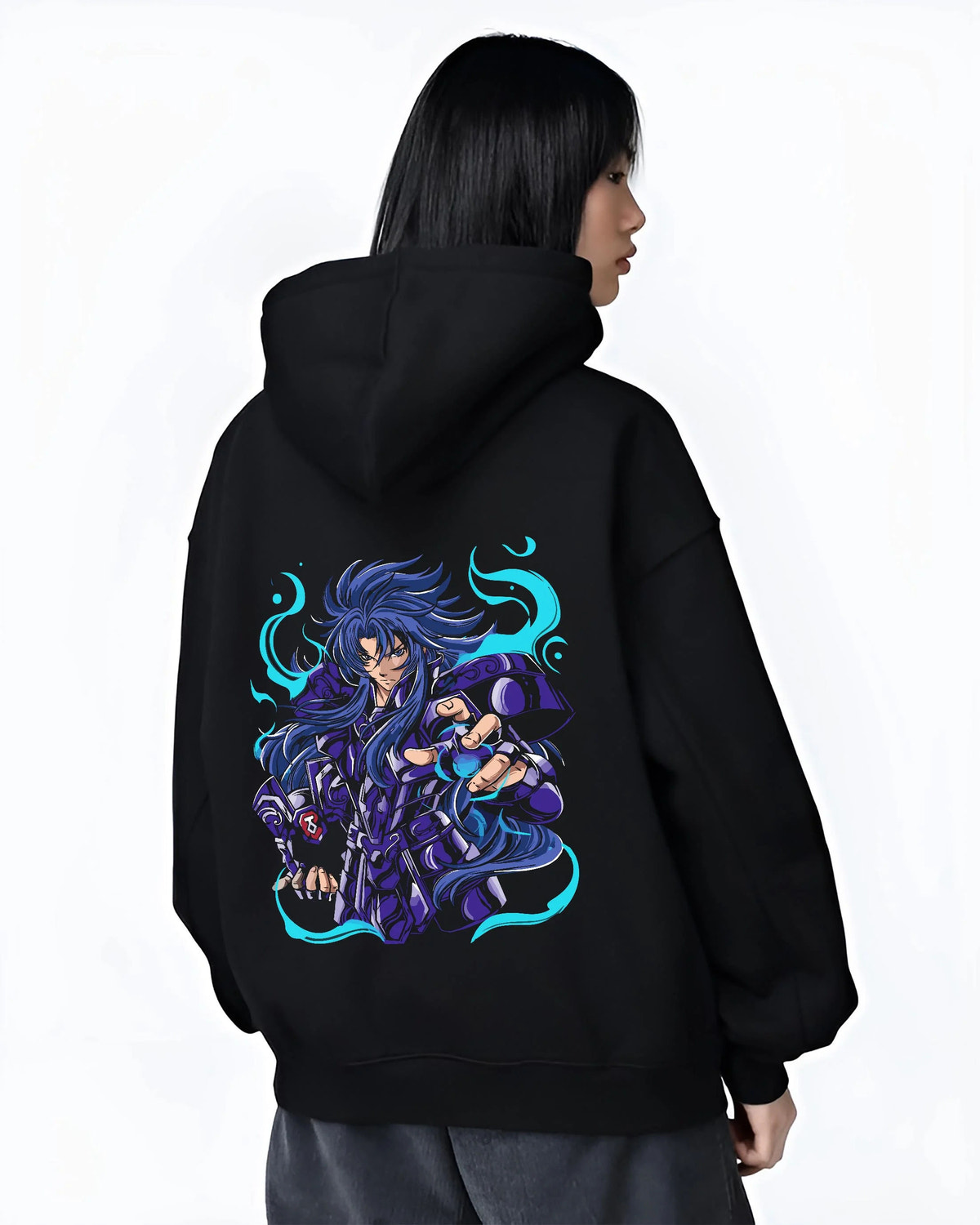 Black hoodie worn by female model from the back featuring Gemini Saga Saint Seiya Gold Saint artwork.