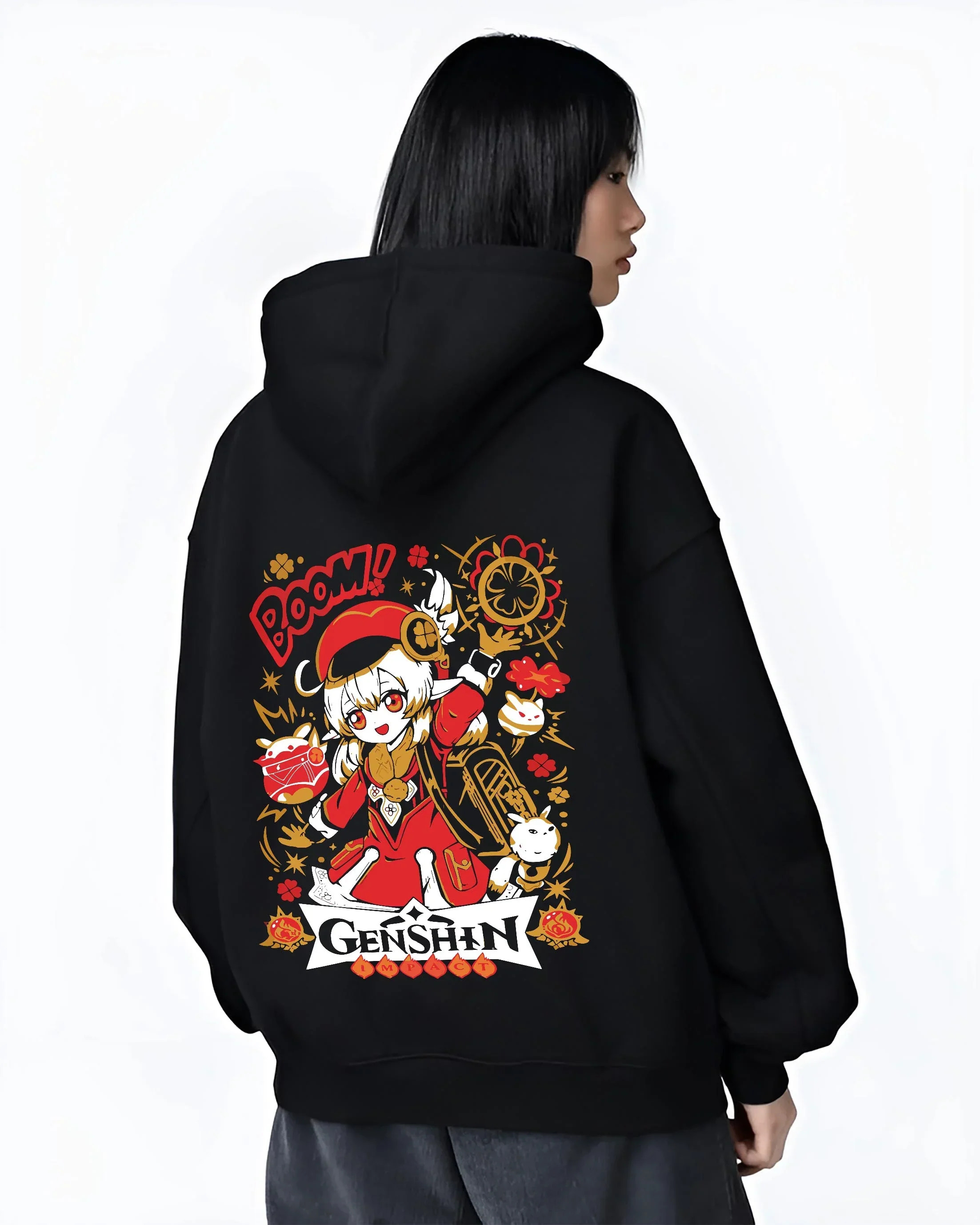 Black hoodie worn by female model, back view with Genshin Impact Hoodie Klee Bombastic Attack Jumper graphic Klee anime design.