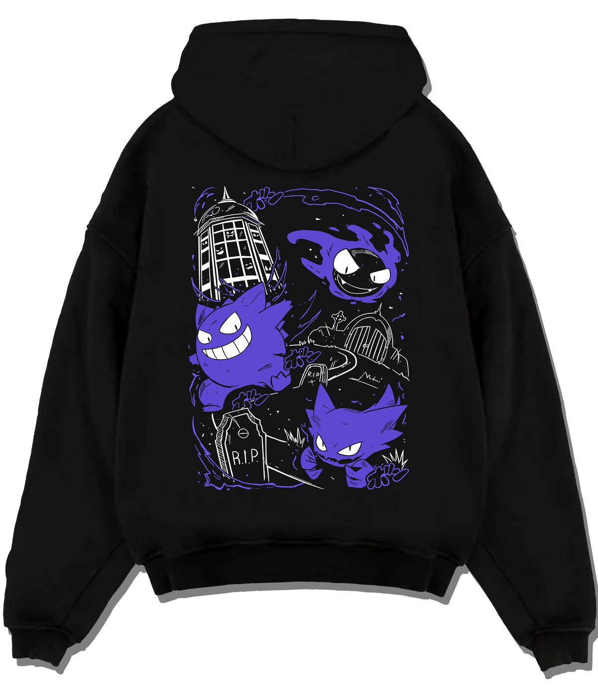 Black hoodie flat back view with Gengar evolution line / retro Game Boy illustration from Pokémon illustrated back graphic