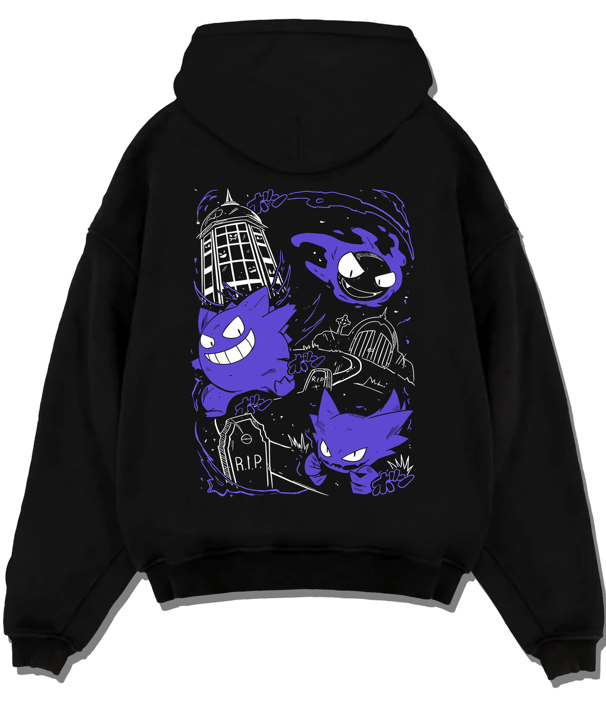 Black hoodie flat back view with Gengar evolution line / retro Game Boy illustration from Pokémon illustrated back graphic