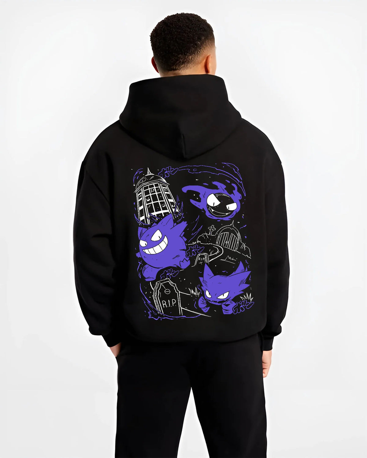 Black hoodie model back view with Gengar evolution line / retro Game Boy illustration from Pokémon illustrated back graphic