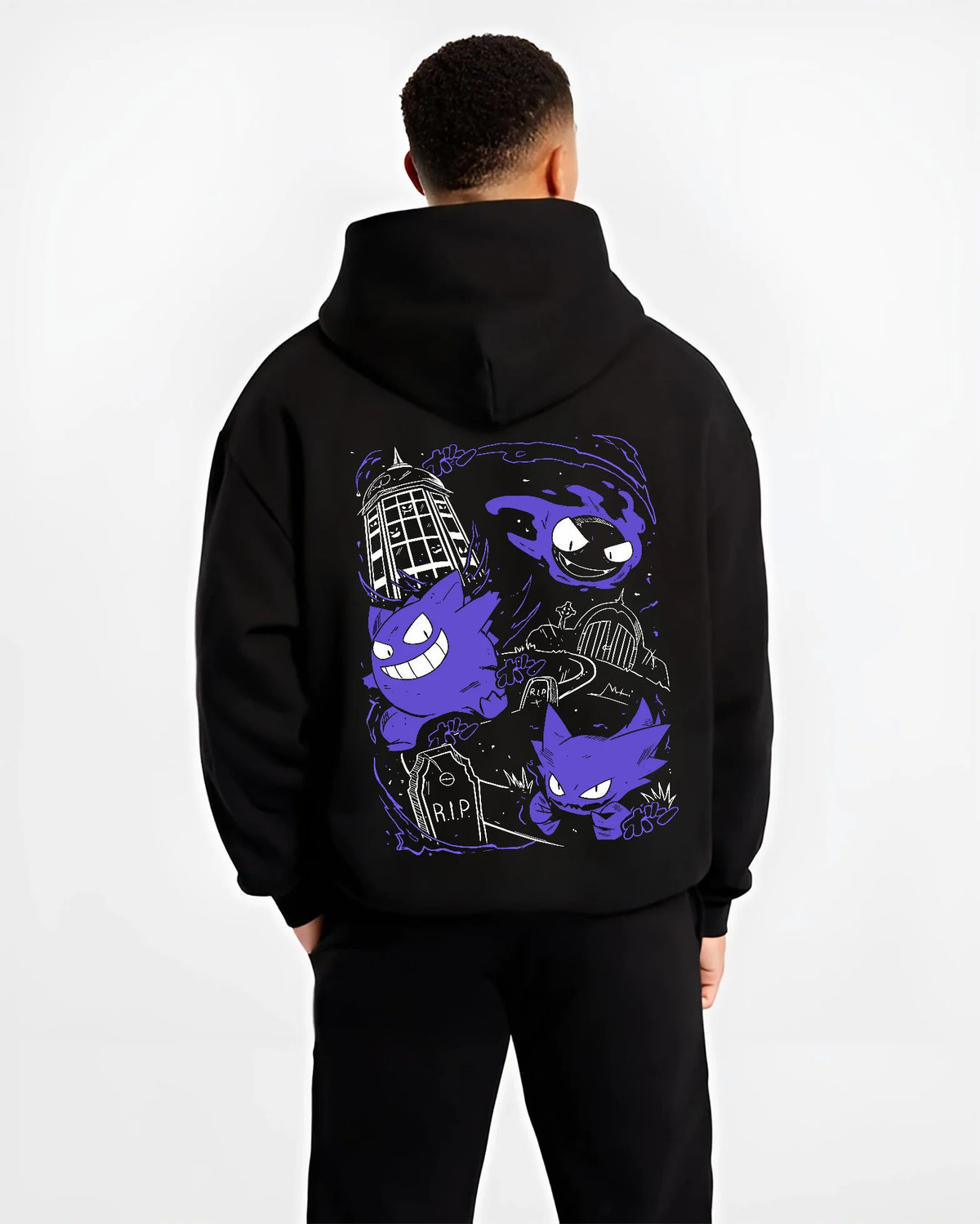 Black hoodie model back view with Gengar evolution line / retro Game Boy illustration from Pokémon illustrated back graphic