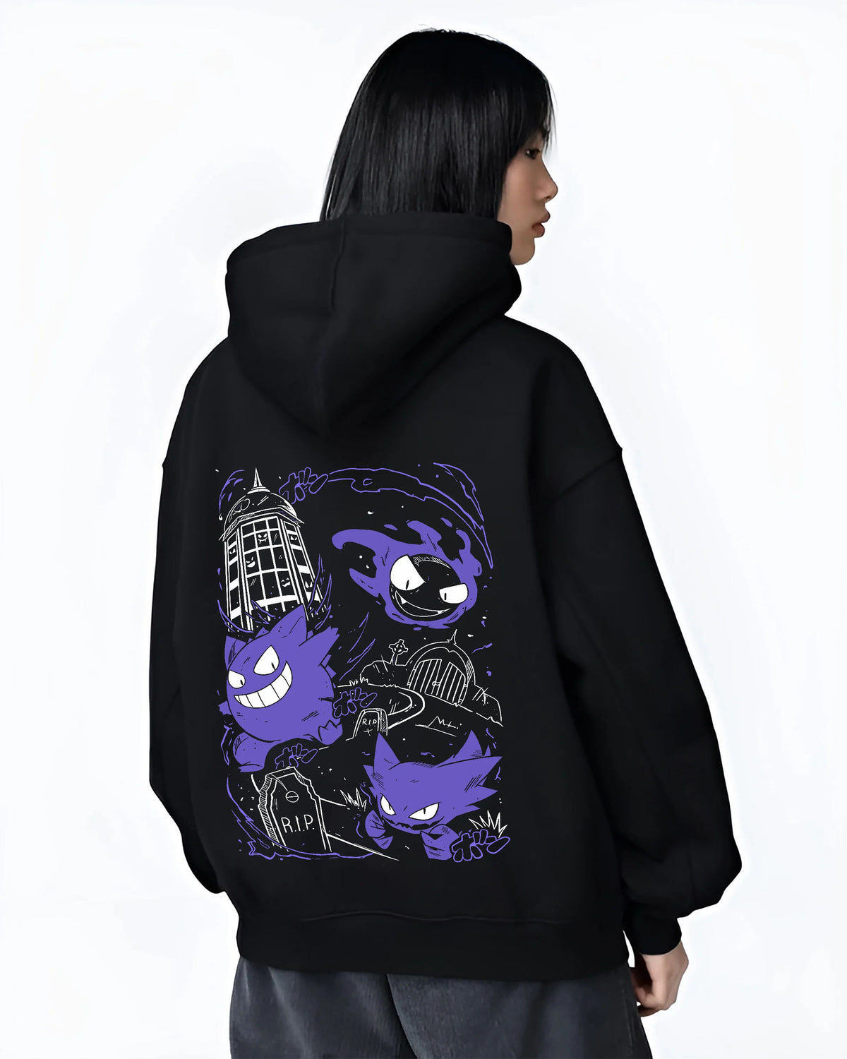 Black hoodie female model back view with Gengar evolution line / retro Game Boy illustration from Pokémon illustrated back