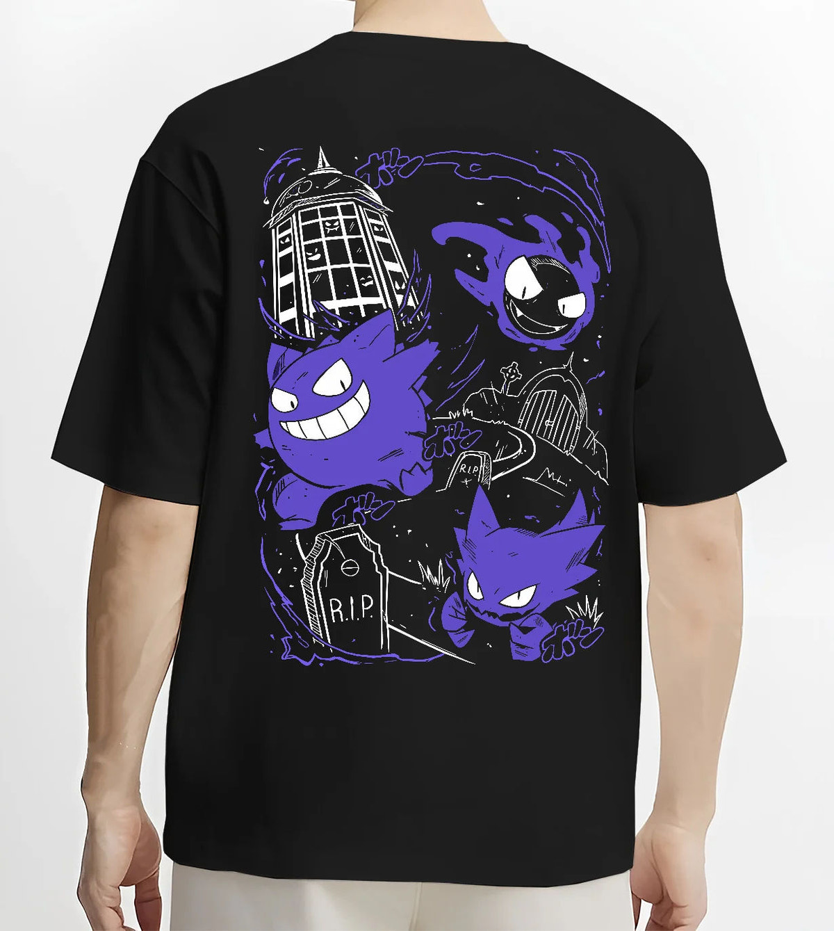 Black T-shirt model back view with Gengar evolution line / retro Game Boy illustration from Pokémon illustrated back graphic