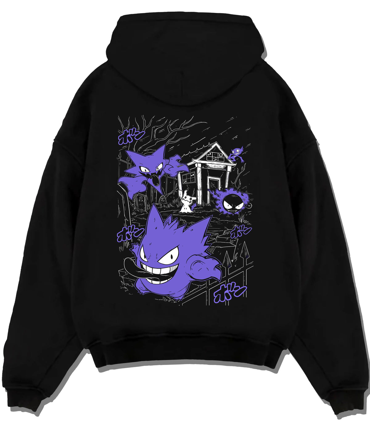 Black hoodie flat back view with Gengar Haunted House collage from Pokémon illustrated back graphic