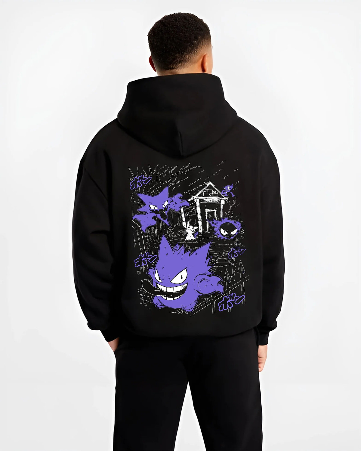 Black hoodie model back view with Gengar Haunted House collage from Pokémon illustrated back graphic