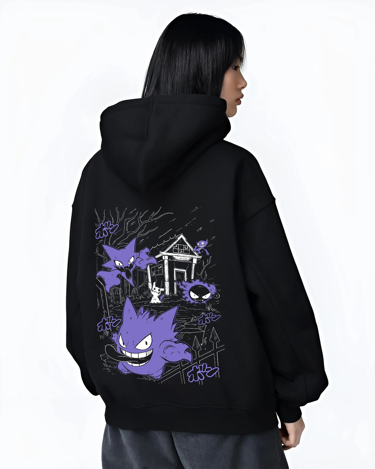 Black hoodie female model back view with Gengar Haunted House collage from Pokémon illustrated back graphic