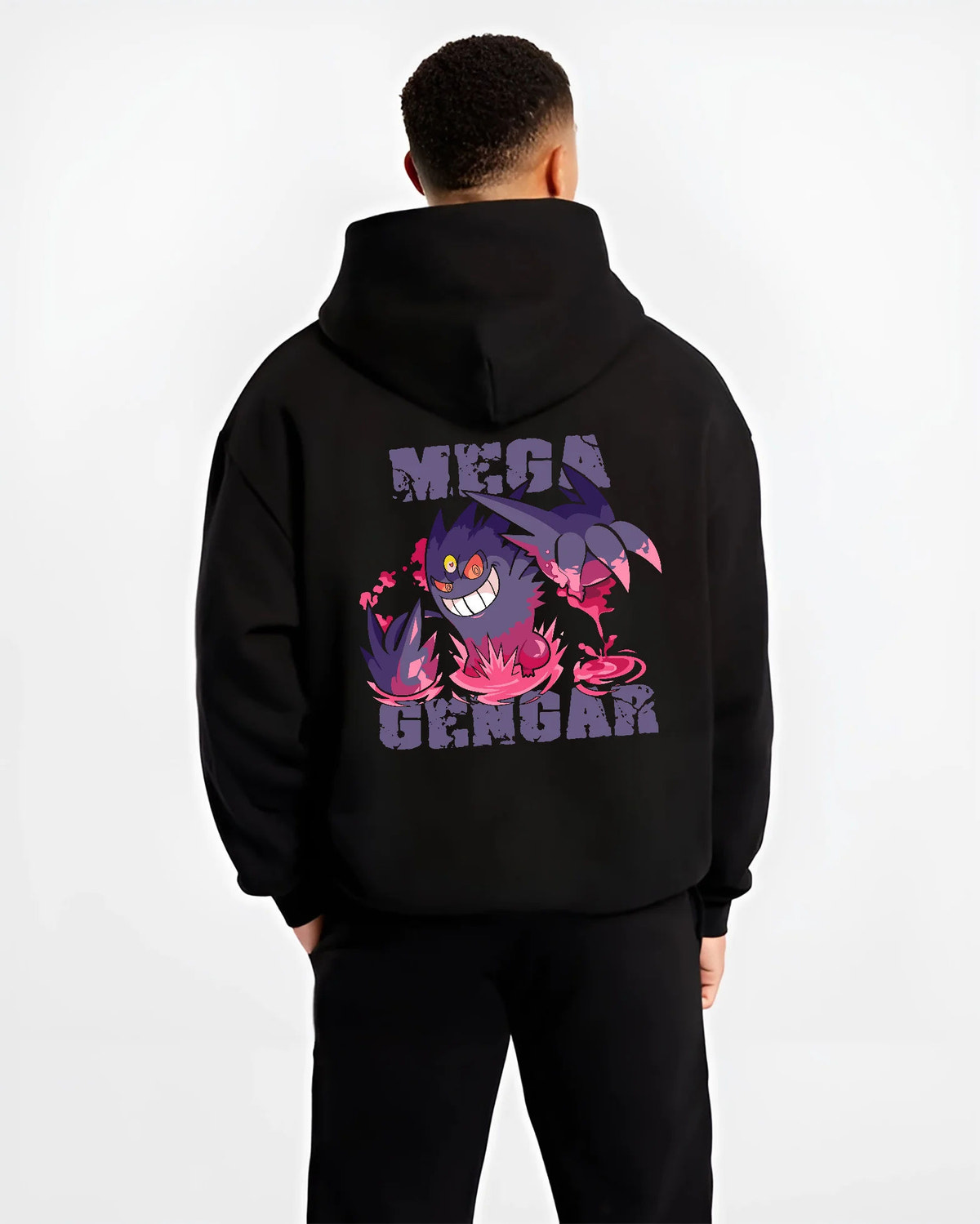 Black hoodie model back view with Mega Gengar / pink flames from Pokémon illustrated back graphic