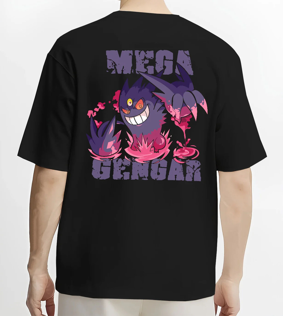 Black T-shirt model back view with Mega Gengar / pink flames from Pokémon illustrated back graphic