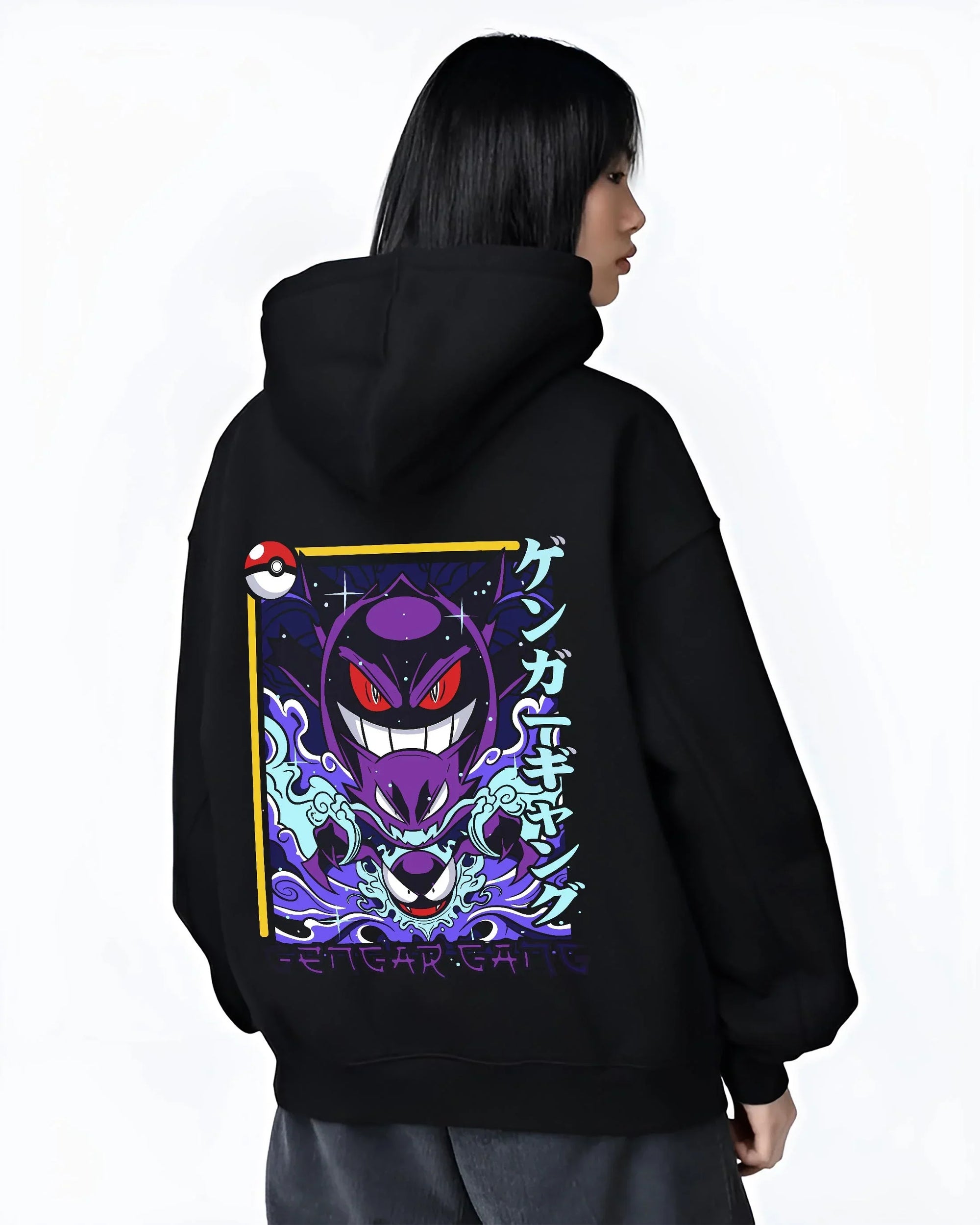 Black hoodie worn by female model, back view with Pokémon Hoodie Gengar Shadow Ball Jumper graphic premium wear.