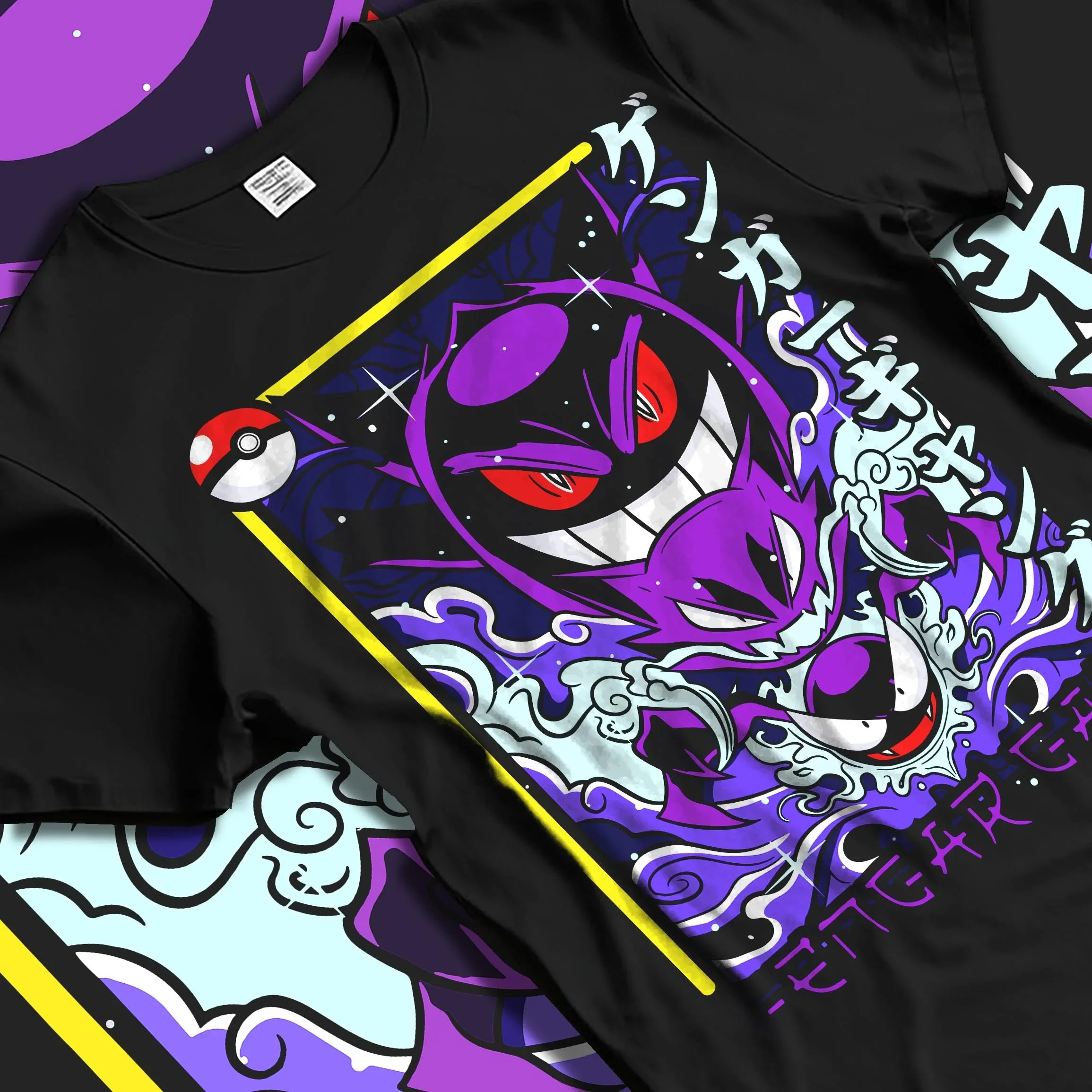 Black T-shirt laid flat with natural folds with Pokémon Hoodie Gengar Shadow Ball Jumper graphic premium wear.
