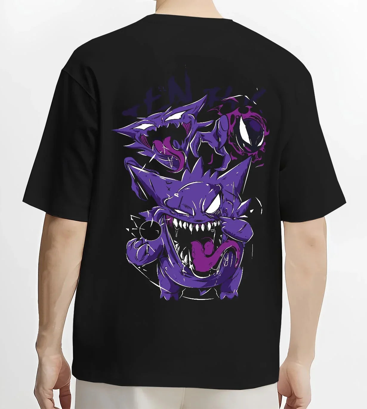 Black T-shirt worn by male model, back view with Pokémon Hoodie Gengar Battle Ready Jumper graphic streetwear graphic.