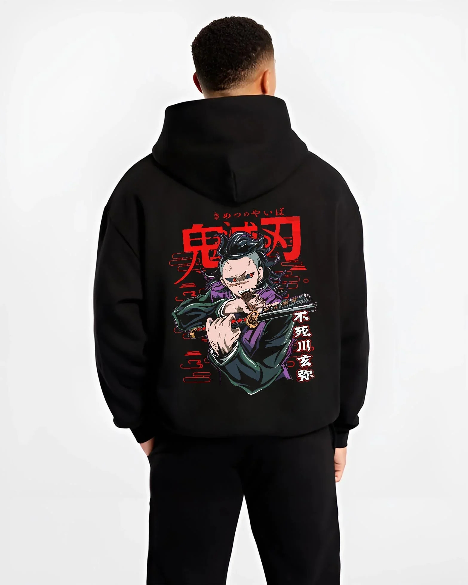 Black hoodie worn by male model, back view with Demon Slayer Hoodie Sanemi Shinazugawa Fury Jumper graphic premium wear.