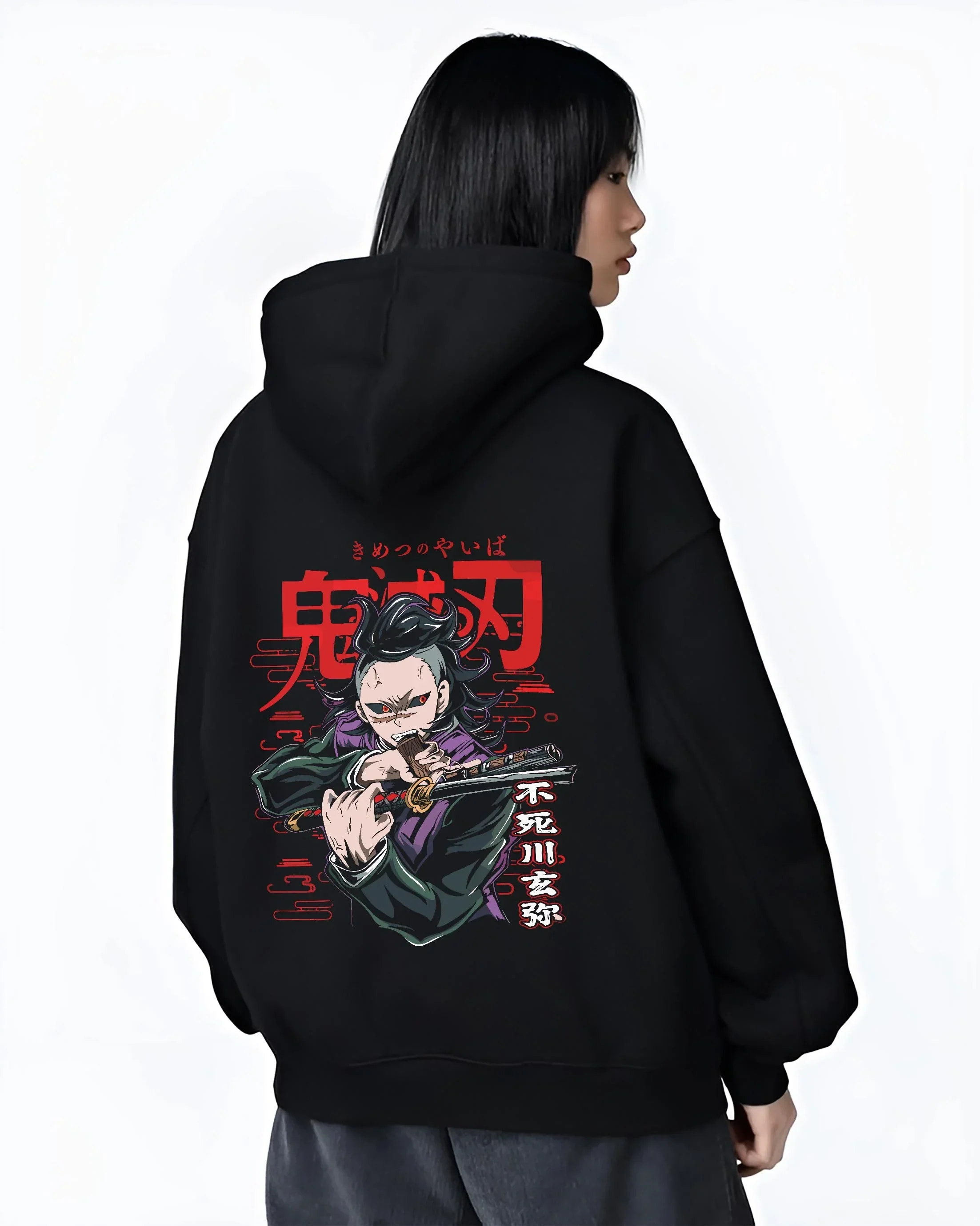Black hoodie worn by female model, back view with Demon Slayer Hoodie Sanemi Shinazugawa Fury Jumper graphic premium wear.